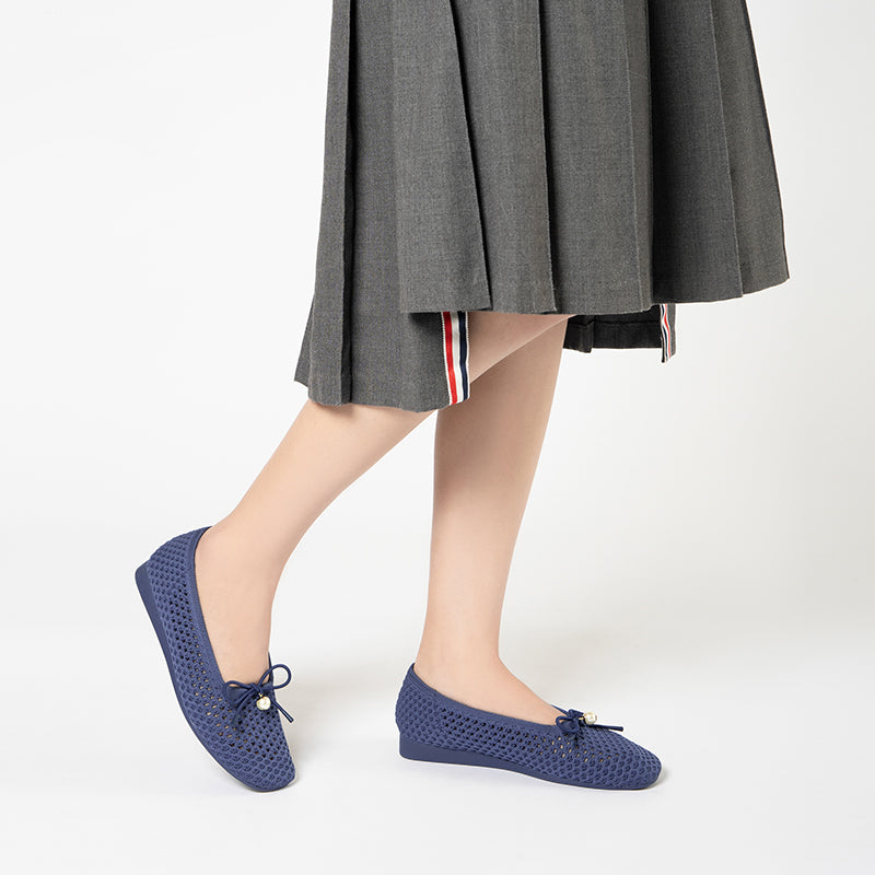 Pearl Bow Heart Mesh Knit Round Toe Wedge Flats – Washable Eco Work Shoes