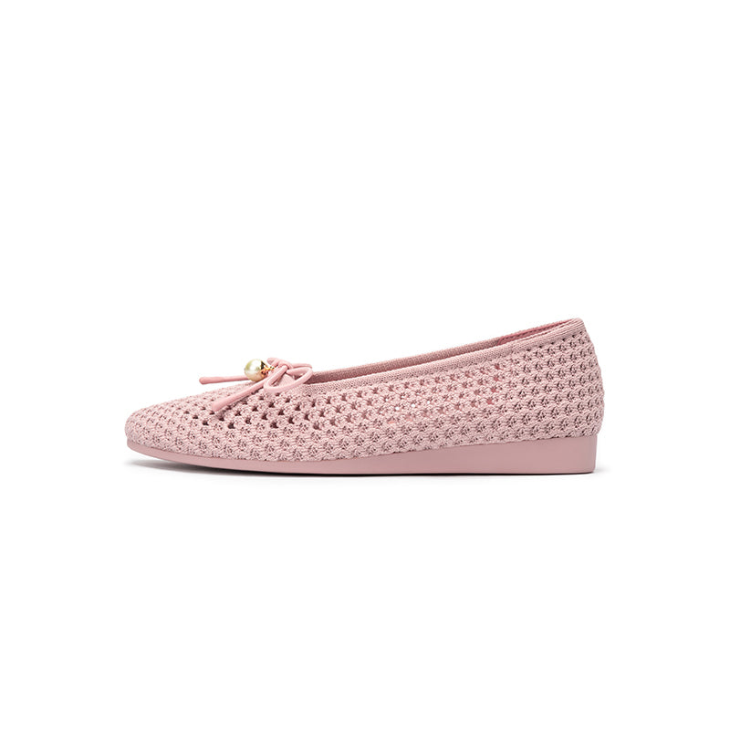 Pearl Bow Heart Mesh Knit Round Toe Wedge Flats – Washable Eco Work Shoes