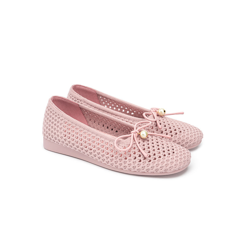 Pearl Bow Heart Mesh Knit Round Toe Wedge Flats – Washable Eco Work Shoes
