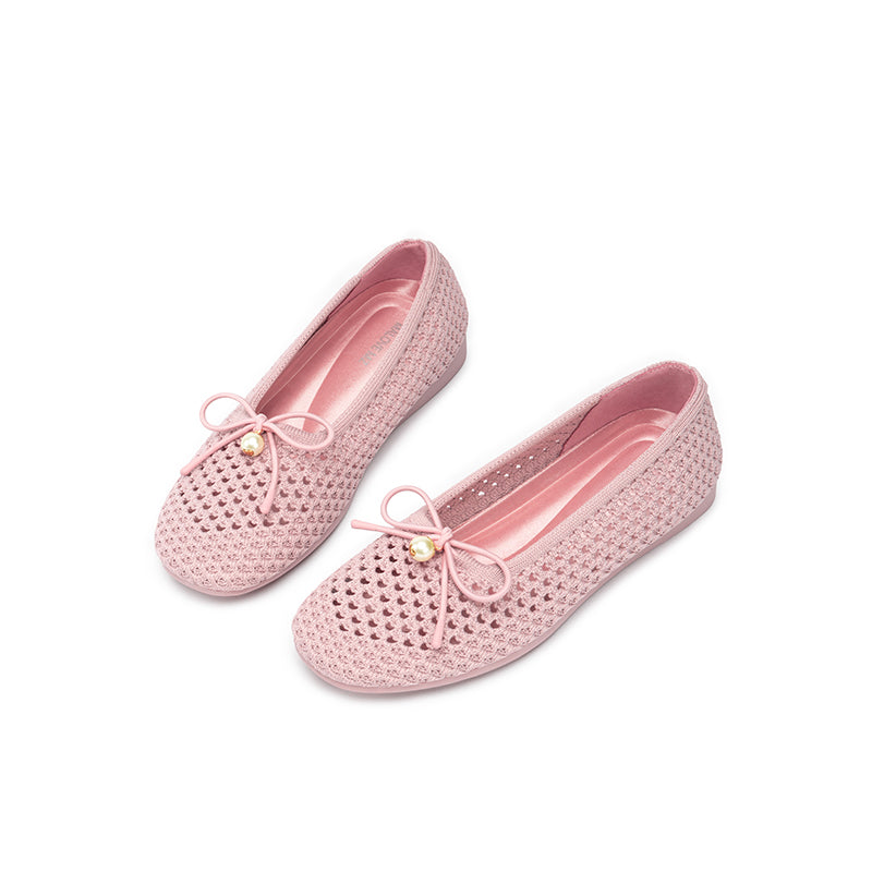 Pearl Bow Heart Mesh Knit Round Toe Wedge Flats – Washable Eco Work Shoes