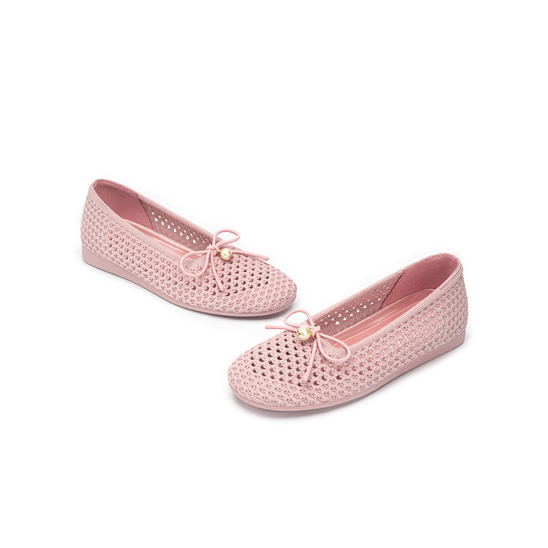 Pearl Bow Heart Mesh Knit Round Toe Wedge Flats – Washable Eco Work Shoes