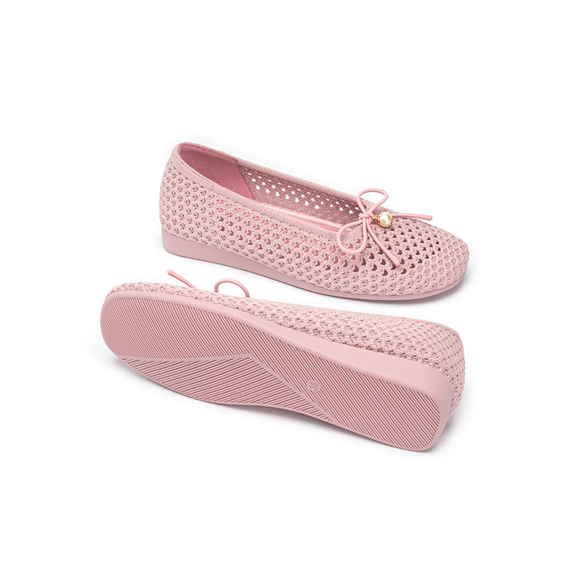 Pearl Bow Heart Mesh Knit Round Toe Wedge Flats – Washable Eco Work Shoes