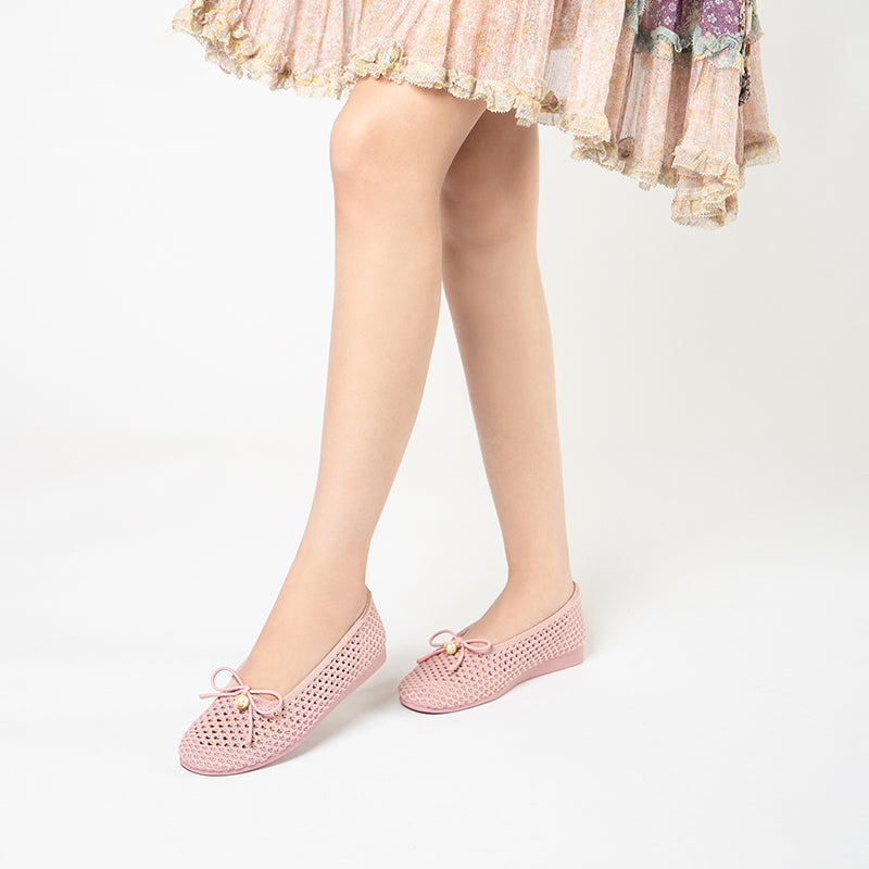 Pearl Bow Heart Mesh Knit Round Toe Wedge Flats – Washable Eco Work Shoes