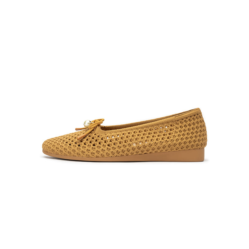Pearl Bow Heart Mesh Knit Round Toe Wedge Flats – Washable Eco Work Shoes