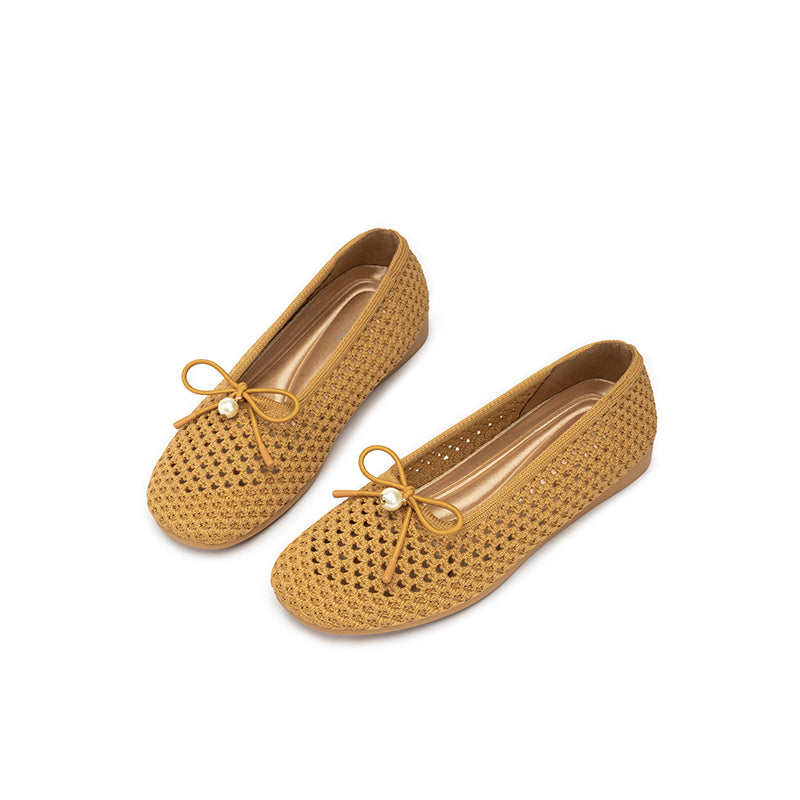 Pearl Bow Heart Mesh Knit Round Toe Wedge Flats – Washable Eco Work Shoes