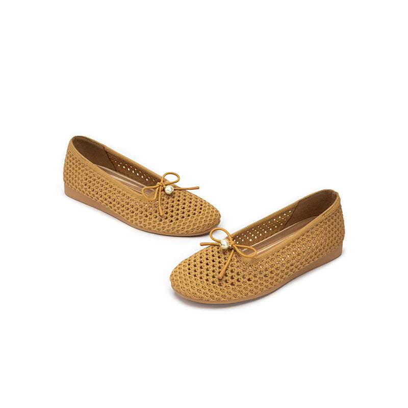 Pearl Bow Heart Mesh Knit Round Toe Wedge Flats – Washable Eco Work Shoes