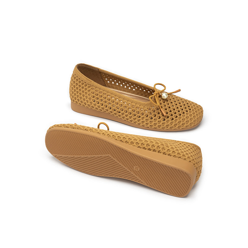 Pearl Bow Heart Mesh Knit Round Toe Wedge Flats – Washable Eco Work Shoes