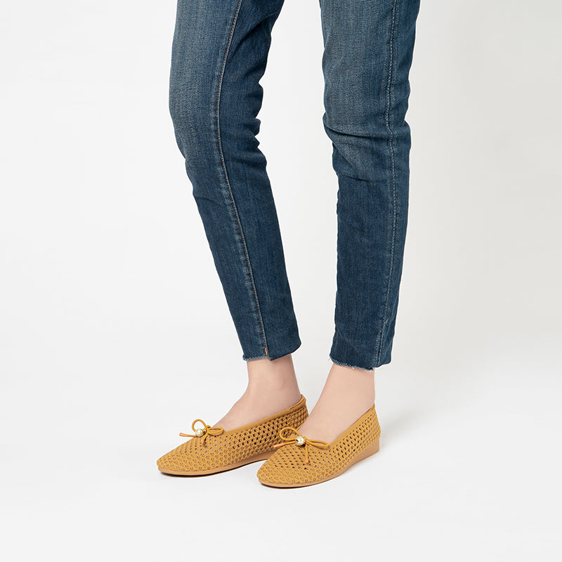 Pearl Bow Heart Mesh Knit Round Toe Wedge Flats – Washable Eco Work Shoes