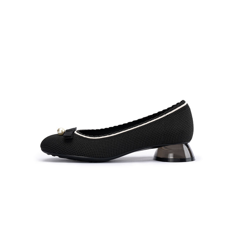 Pearl Bow Knit Square Toe Loafer Pumps – French Slip-On Work Shoes
