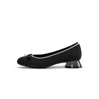 Pearl Bow Knit Square Toe Loafer Pumps – French Slip-On Work Shoes