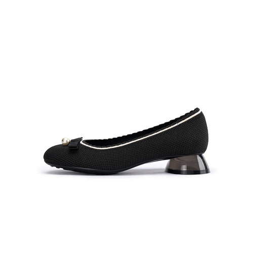 Pearl Bow Knit Square Toe Loafer Pumps – French Slip-On Work Shoes