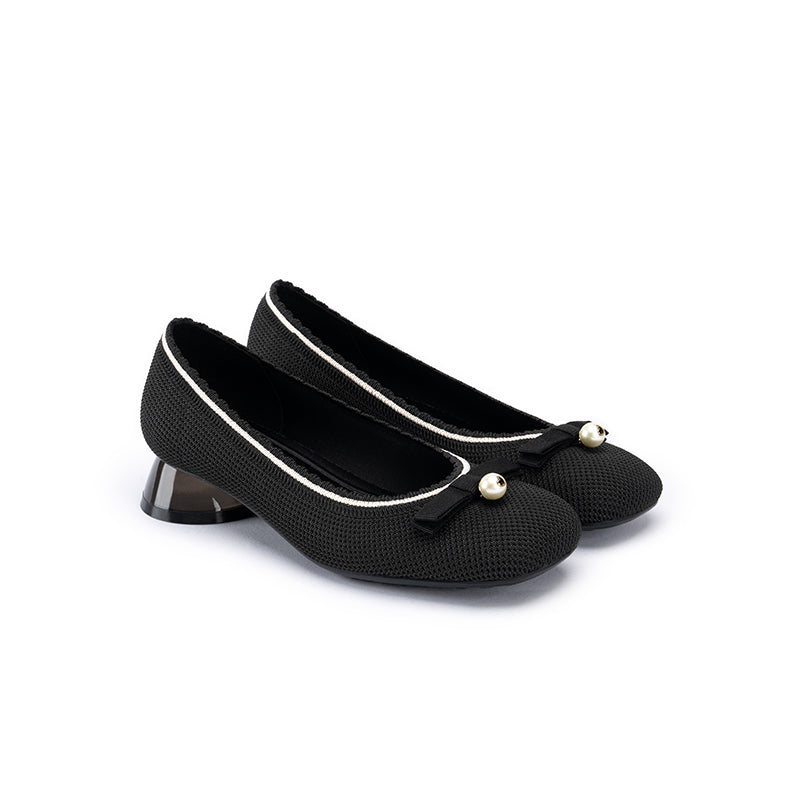 Pearl Bow Knit Square Toe Loafer Pumps – French Slip-On Work Shoes