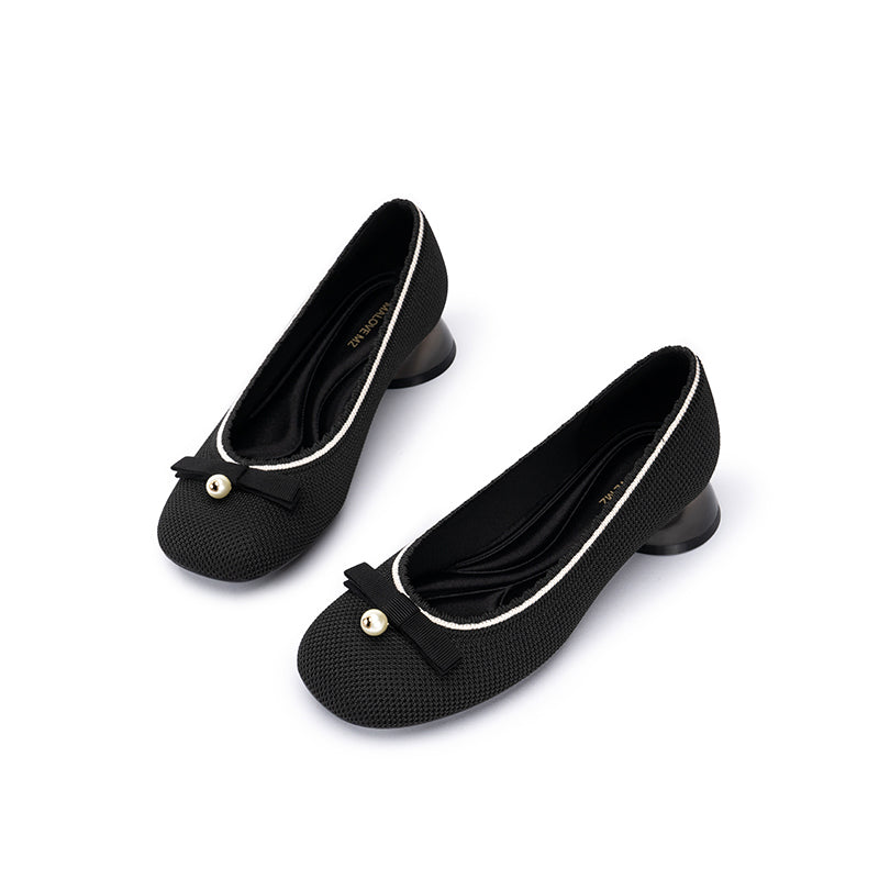 Pearl Bow Knit Square Toe Loafer Pumps – French Slip-On Work Shoes