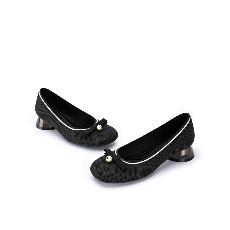Pearl Bow Knit Square Toe Loafer Pumps – French Slip-On Work Shoes
