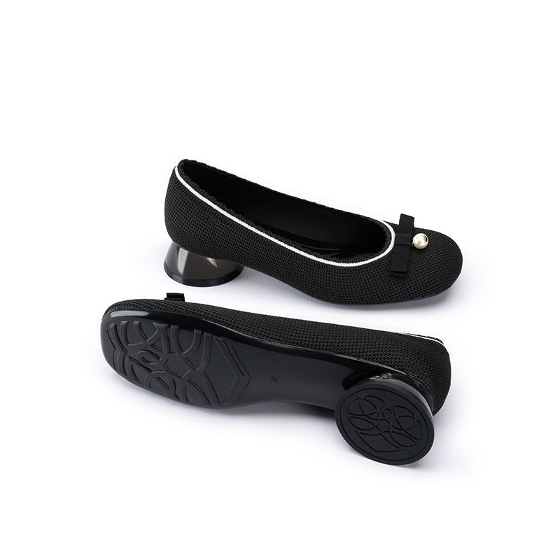 Pearl Bow Knit Square Toe Loafer Pumps – French Slip-On Work Shoes