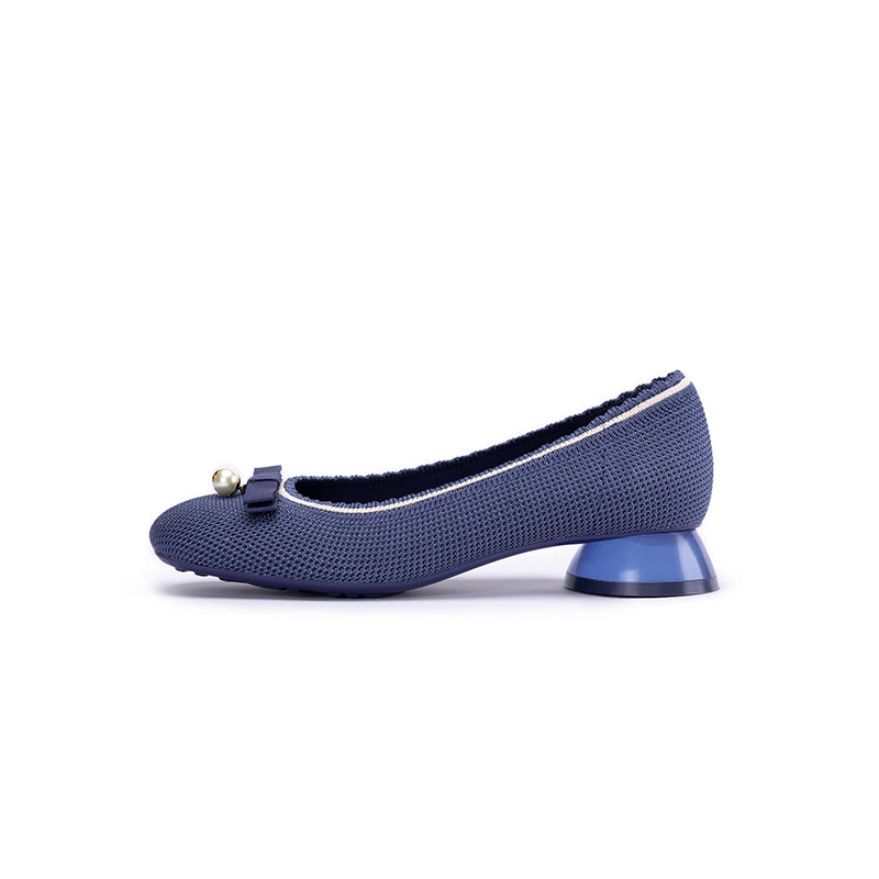 Pearl Bow Knit Square Toe Loafer Pumps – French Slip-On Work Shoes