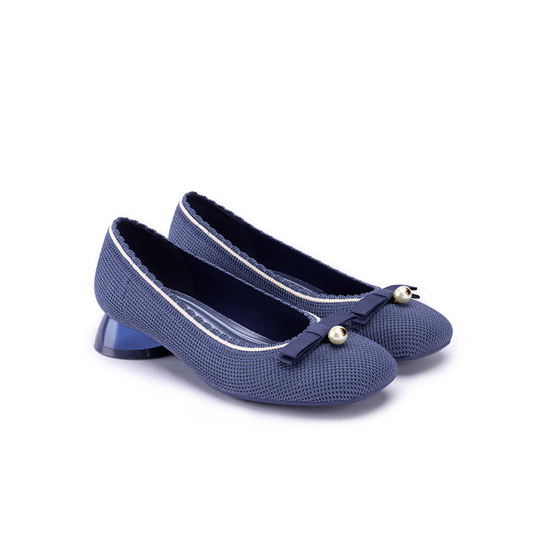 Pearl Bow Knit Square Toe Loafer Pumps – French Slip-On Work Shoes