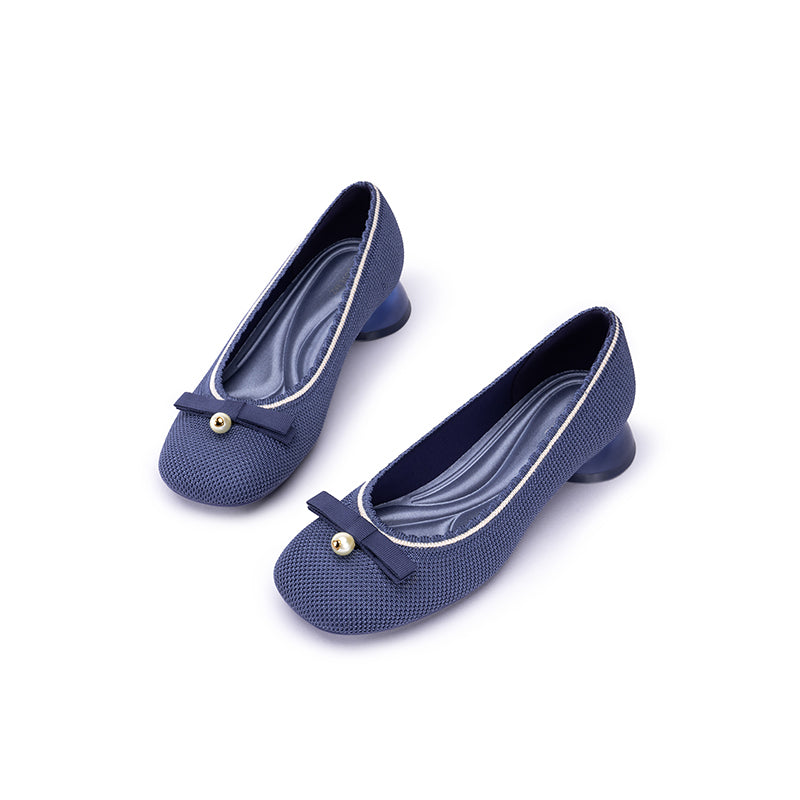 Pearl Bow Knit Square Toe Loafer Pumps – French Slip-On Work Shoes