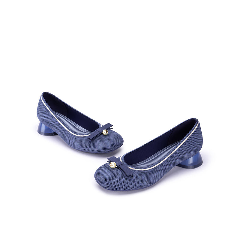 Pearl Bow Knit Square Toe Loafer Pumps – French Slip-On Work Shoes