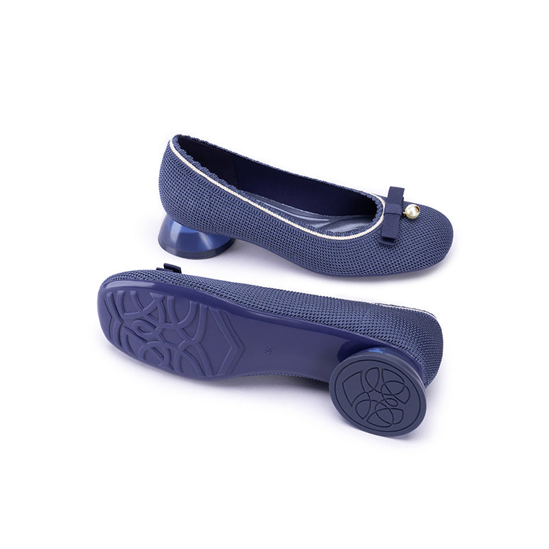 Pearl Bow Knit Square Toe Loafer Pumps – French Slip-On Work Shoes