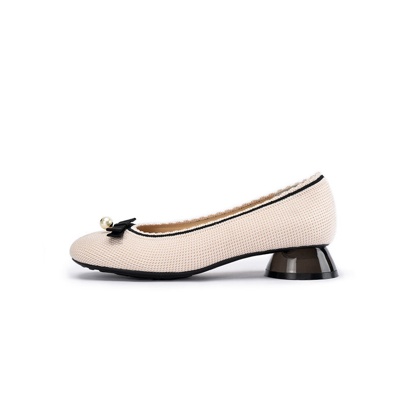 Pearl Bow Knit Square Toe Loafer Pumps – French Slip-On Work Shoes