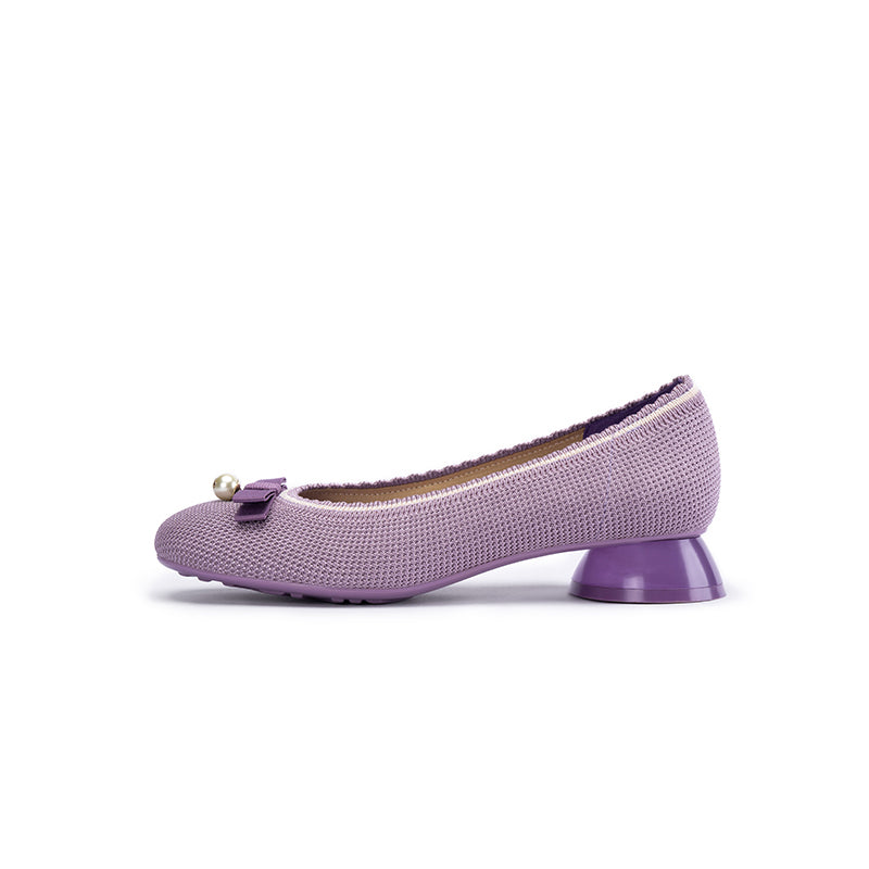 Pearl Bow Knit Square Toe Loafer Pumps – French Slip-On Work Shoes