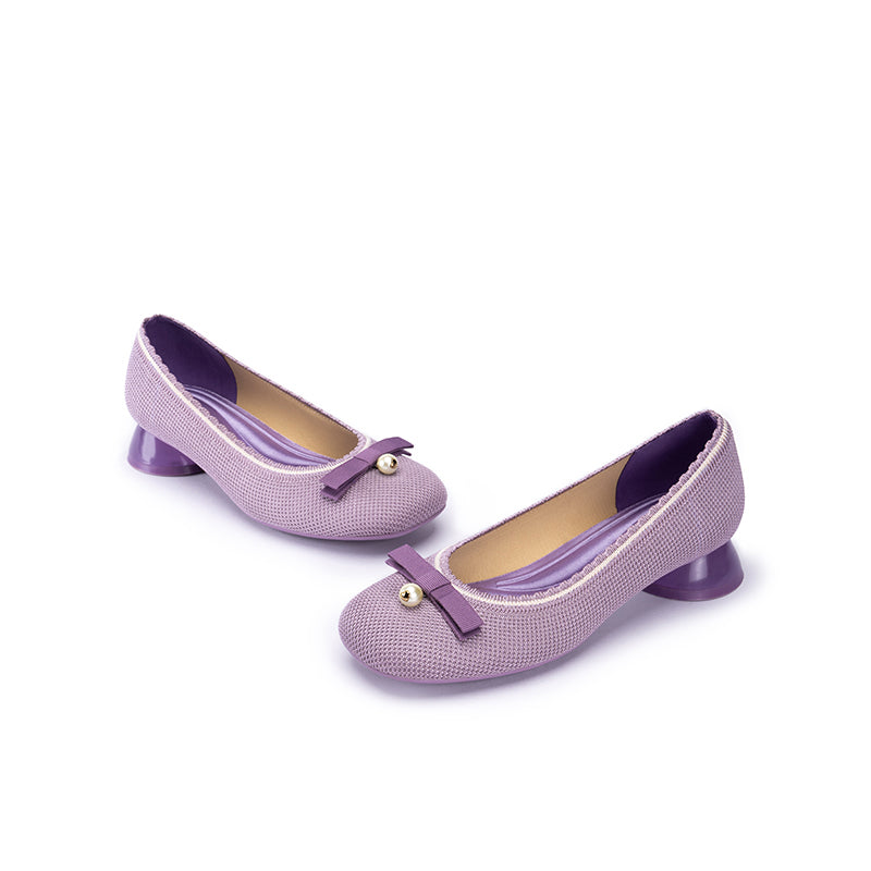 Pearl Bow Knit Square Toe Loafer Pumps – French Slip-On Work Shoes