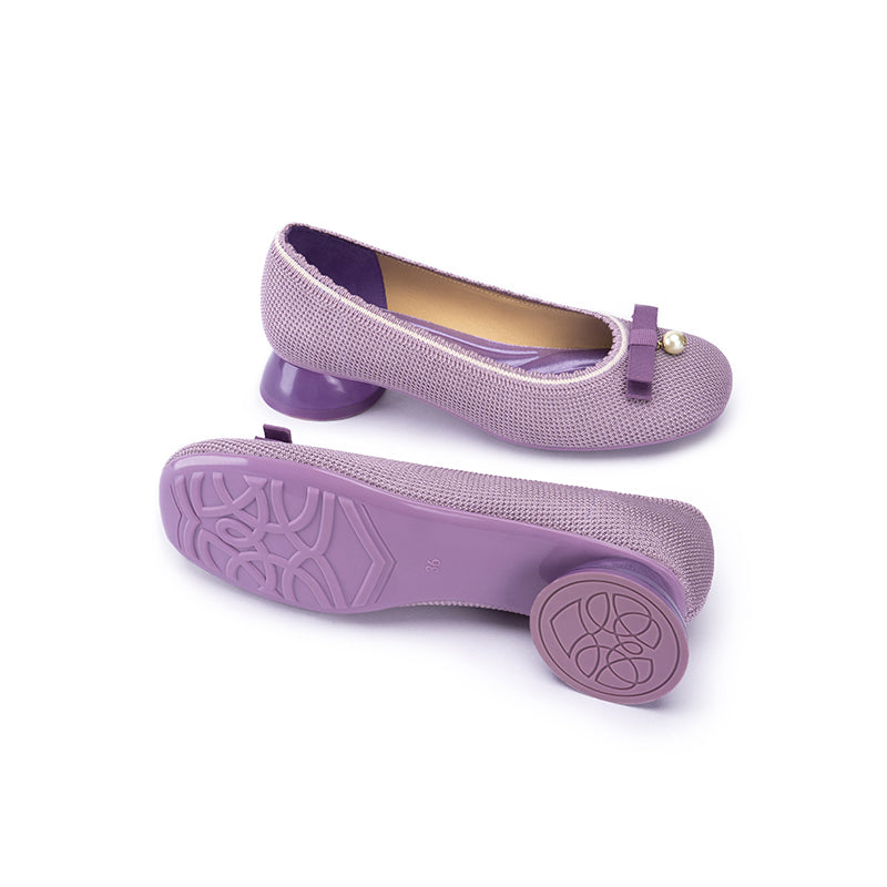 Pearl Bow Knit Square Toe Loafer Pumps – French Slip-On Work Shoes