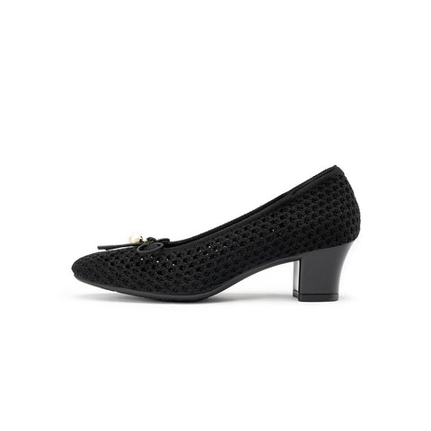 Pearl Bow Mesh Knit Round Toe Pumps – Breathable Block Heel Work Shoes