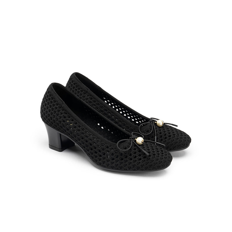 Pearl Bow Mesh Knit Round Toe Pumps – Breathable Block Heel Work Shoes