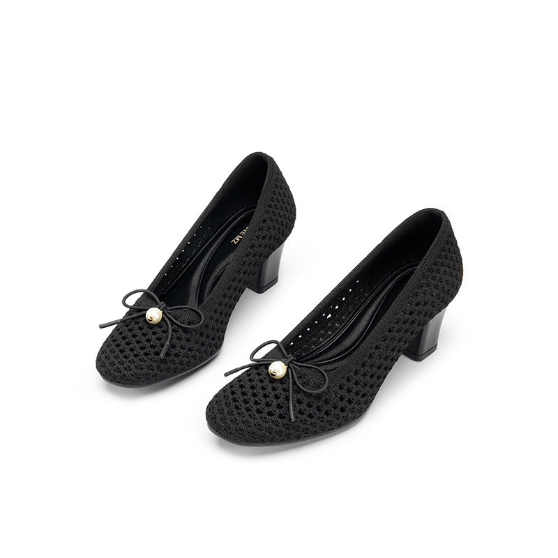Pearl Bow Mesh Knit Round Toe Pumps – Breathable Block Heel Work Shoes
