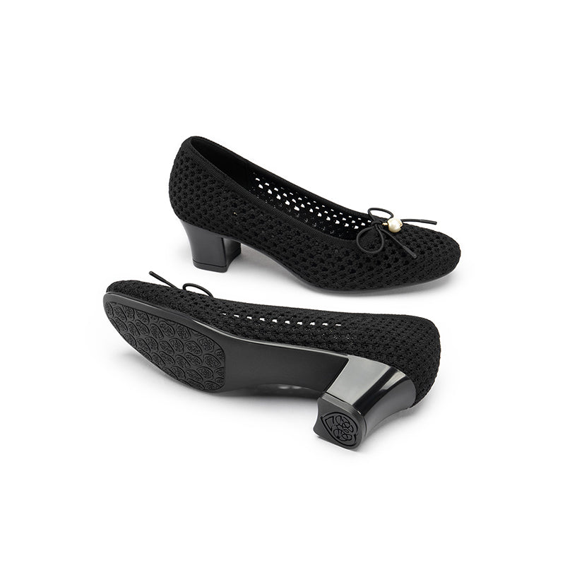 Pearl Bow Mesh Knit Round Toe Pumps – Breathable Block Heel Work Shoes