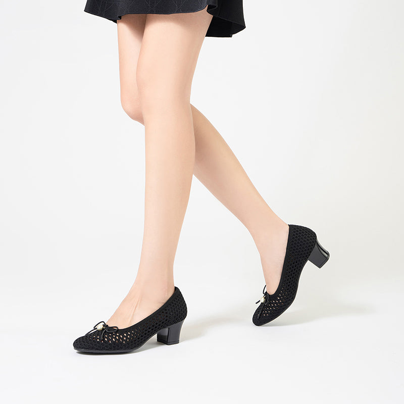 Pearl Bow Mesh Knit Round Toe Pumps – Breathable Block Heel Work Shoes