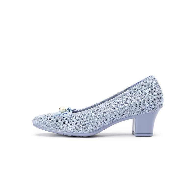 Pearl Bow Mesh Knit Round Toe Pumps – Breathable Block Heel Work Shoes
