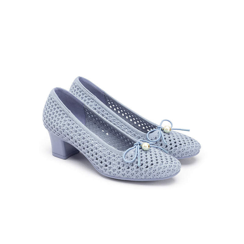 Pearl Bow Mesh Knit Round Toe Pumps – Breathable Block Heel Work Shoes