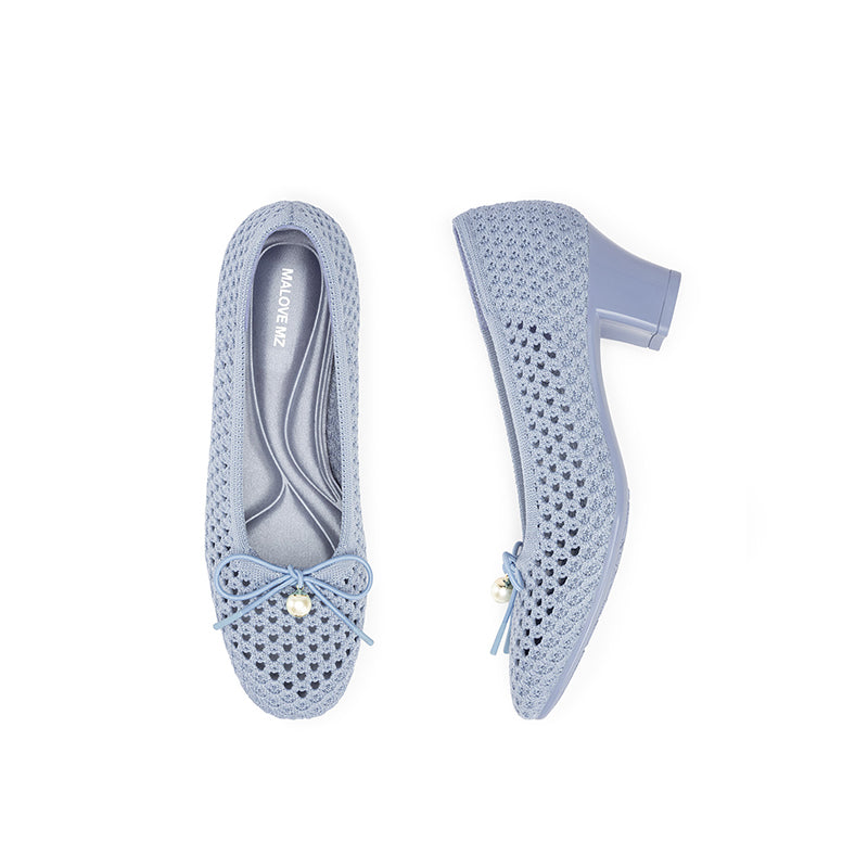 Pearl Bow Mesh Knit Round Toe Pumps – Breathable Block Heel Work Shoes