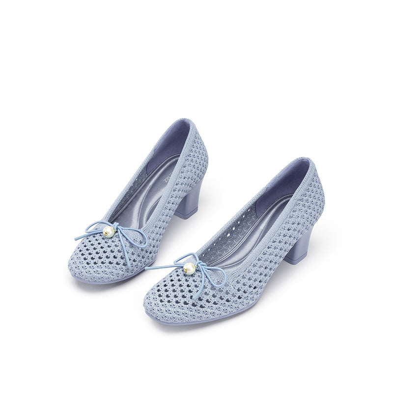 Pearl Bow Mesh Knit Round Toe Pumps – Breathable Block Heel Work Shoes