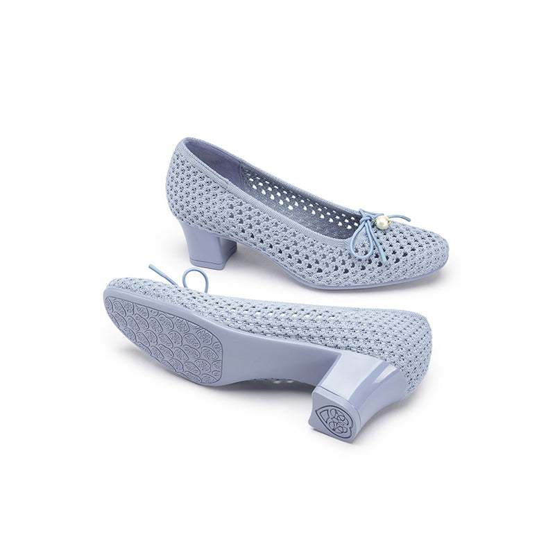 Pearl Bow Mesh Knit Round Toe Pumps – Breathable Block Heel Work Shoes