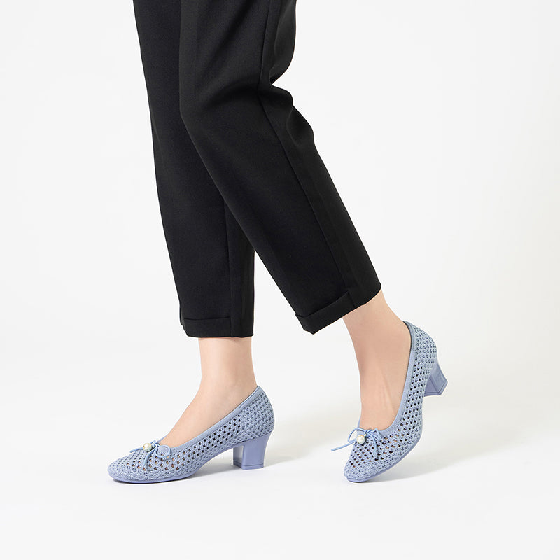 Pearl Bow Mesh Knit Round Toe Pumps – Breathable Block Heel Work Shoes