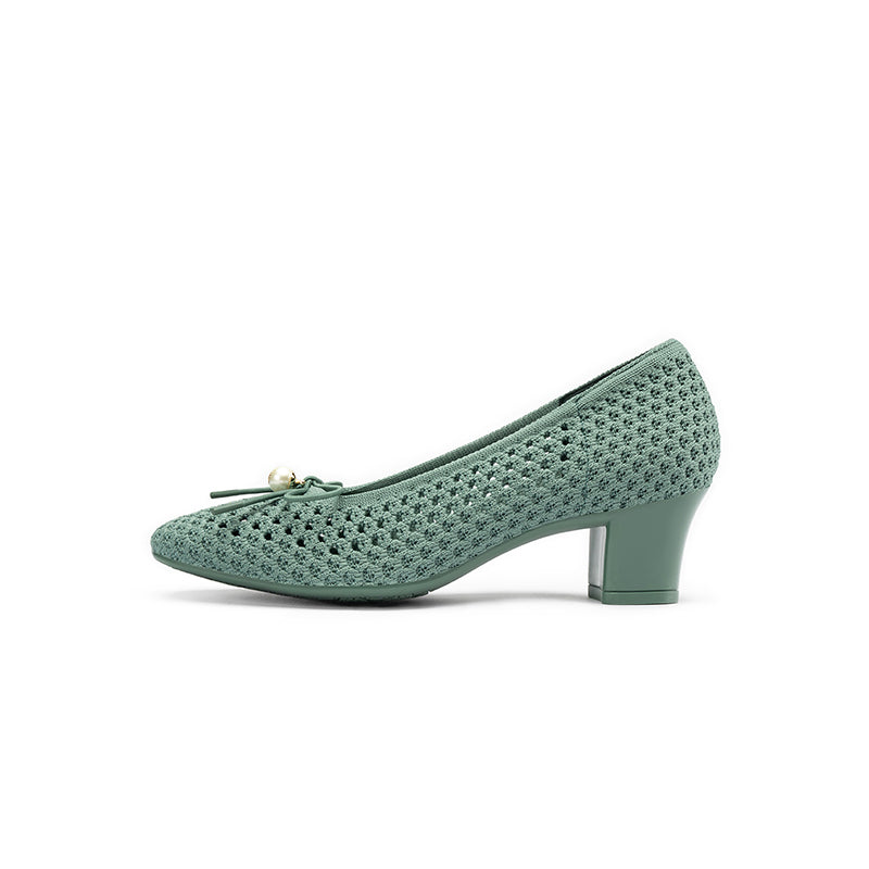 Pearl Bow Mesh Knit Round Toe Pumps – Breathable Block Heel Work Shoes