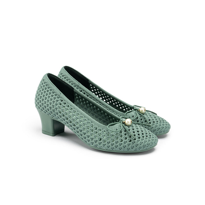 Pearl Bow Mesh Knit Round Toe Pumps – Breathable Block Heel Work Shoes