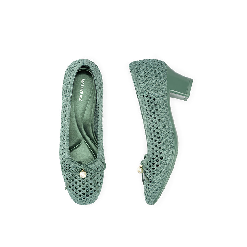 Pearl Bow Mesh Knit Round Toe Pumps – Breathable Block Heel Work Shoes