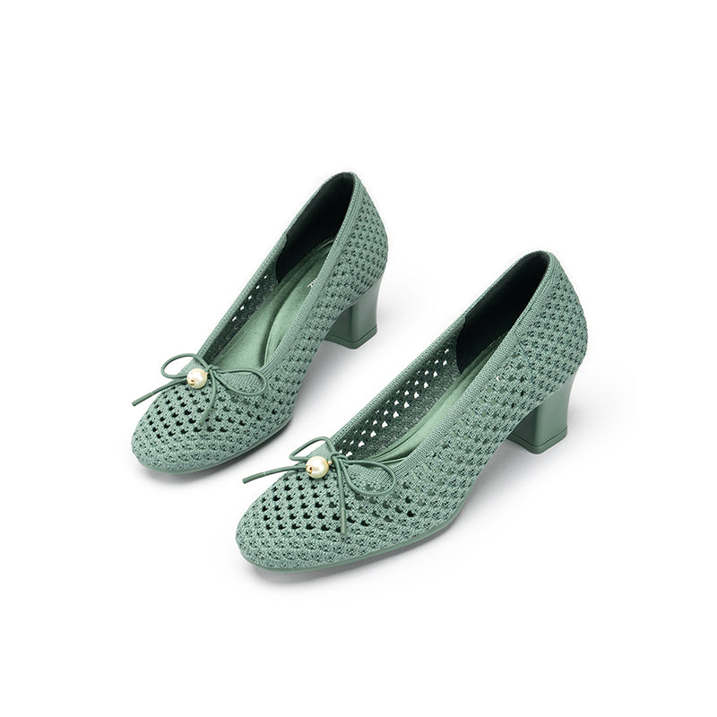 Pearl Bow Mesh Knit Round Toe Pumps – Breathable Block Heel Work Shoes