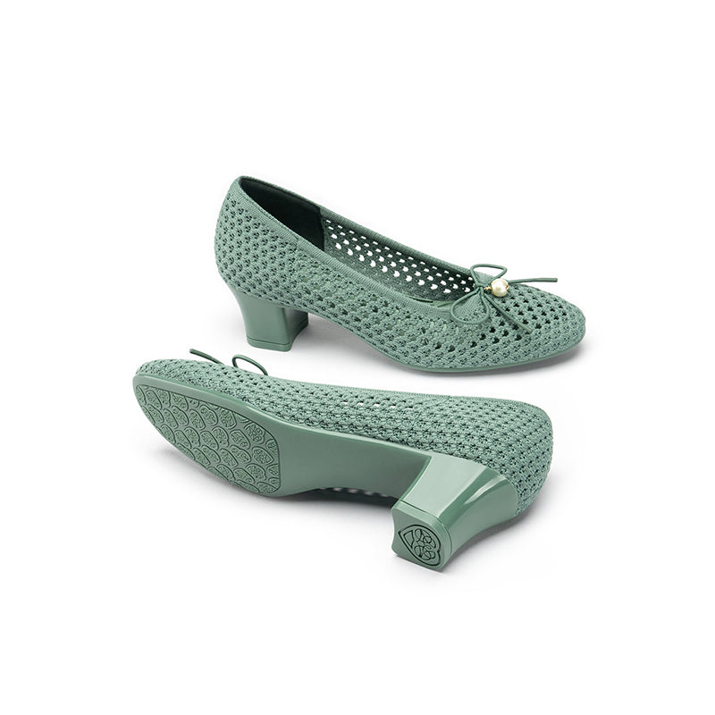 Pearl Bow Mesh Knit Round Toe Pumps – Breathable Block Heel Work Shoes