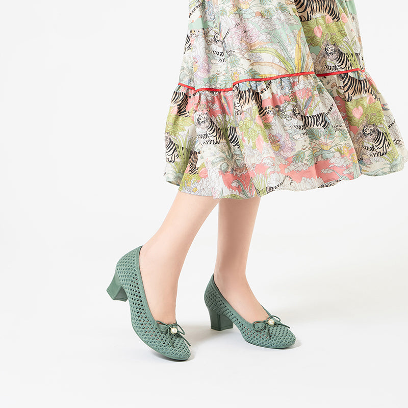 Pearl Bow Mesh Knit Round Toe Pumps – Breathable Block Heel Work Shoes
