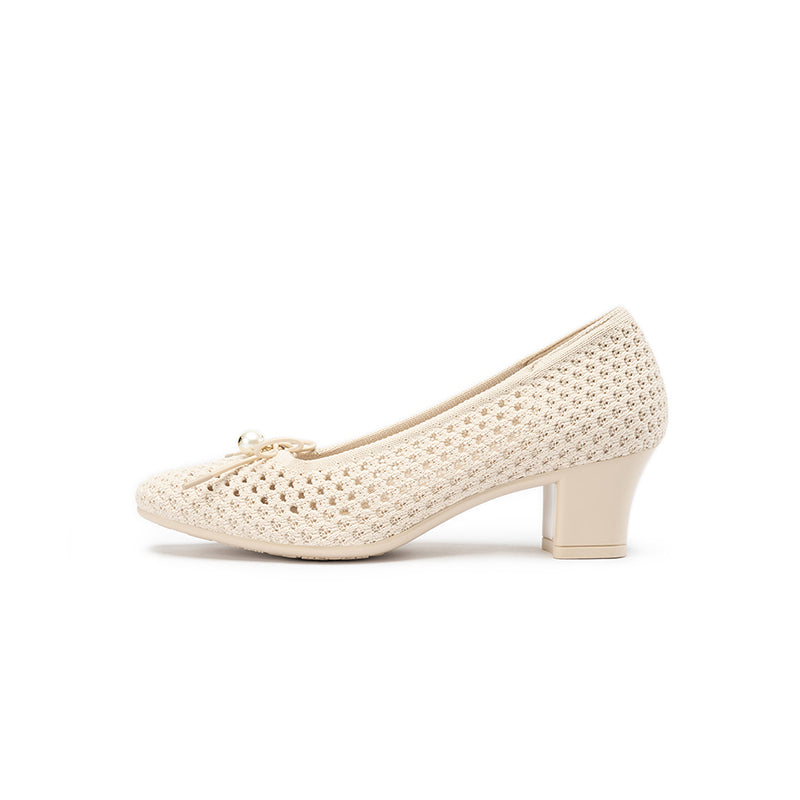 Pearl Bow Mesh Knit Round Toe Pumps – Breathable Block Heel Work Shoes