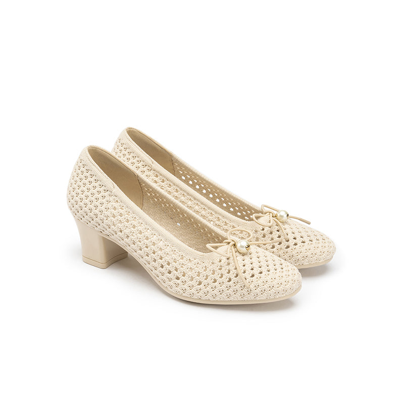 Pearl Bow Mesh Knit Round Toe Pumps – Breathable Block Heel Work Shoes