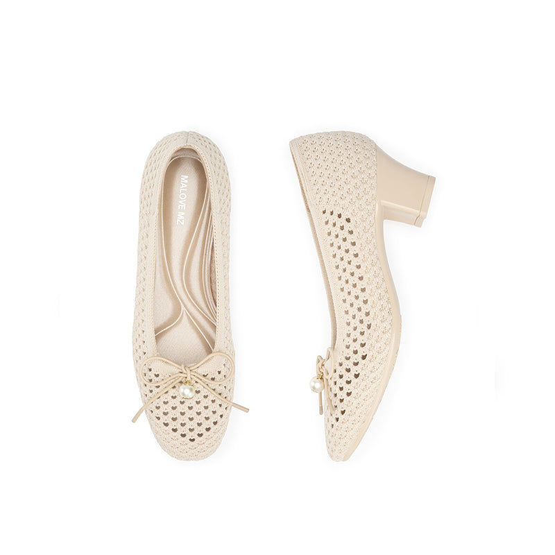 Pearl Bow Mesh Knit Round Toe Pumps – Breathable Block Heel Work Shoes