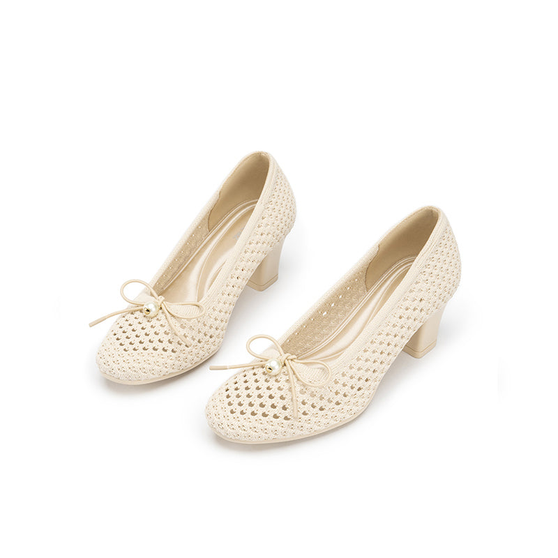 Pearl Bow Mesh Knit Round Toe Pumps – Breathable Block Heel Work Shoes