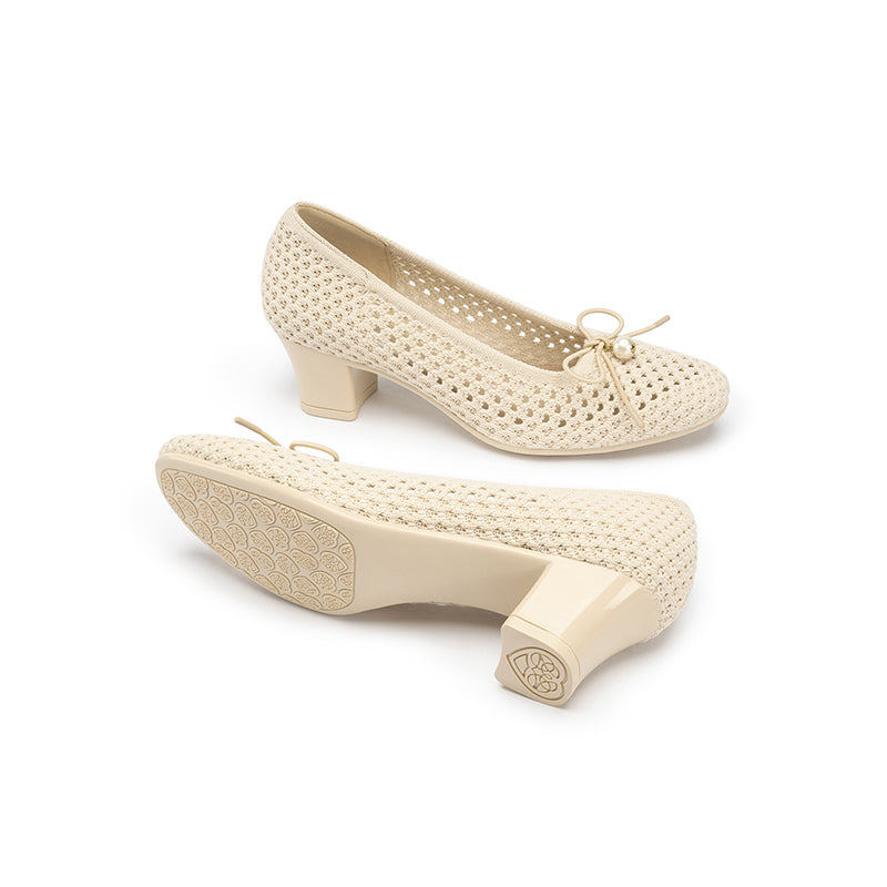 Pearl Bow Mesh Knit Round Toe Pumps – Breathable Block Heel Work Shoes